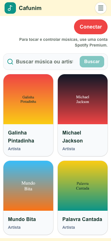 Tela mobile do Cafunim Música.